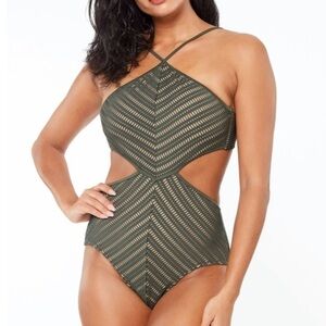 Bar III Women's Swim Lined High-Neck Green Crochet Cutout One-Piece Swimsuit